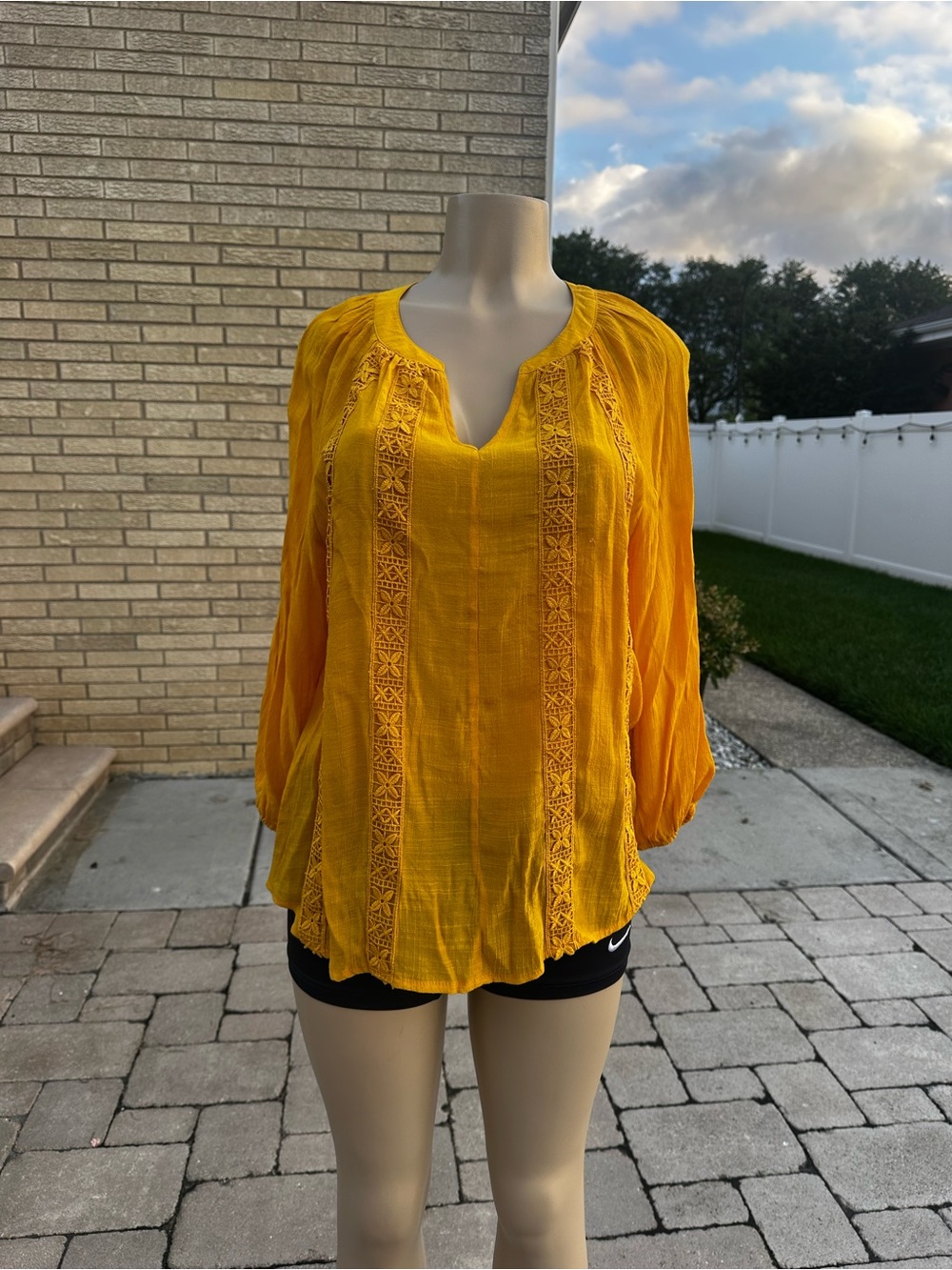 Fundamental Things Women’s Yellow Boho Lace-Trim Peasant Top M